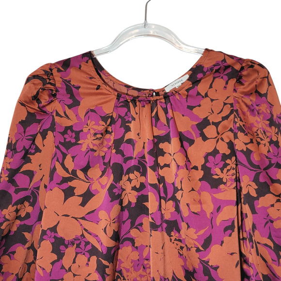 Pleione Floral Silky Blouse Scoop Neck Long Sleeve Purple Orange Black Top Large - Picture 2 of 13